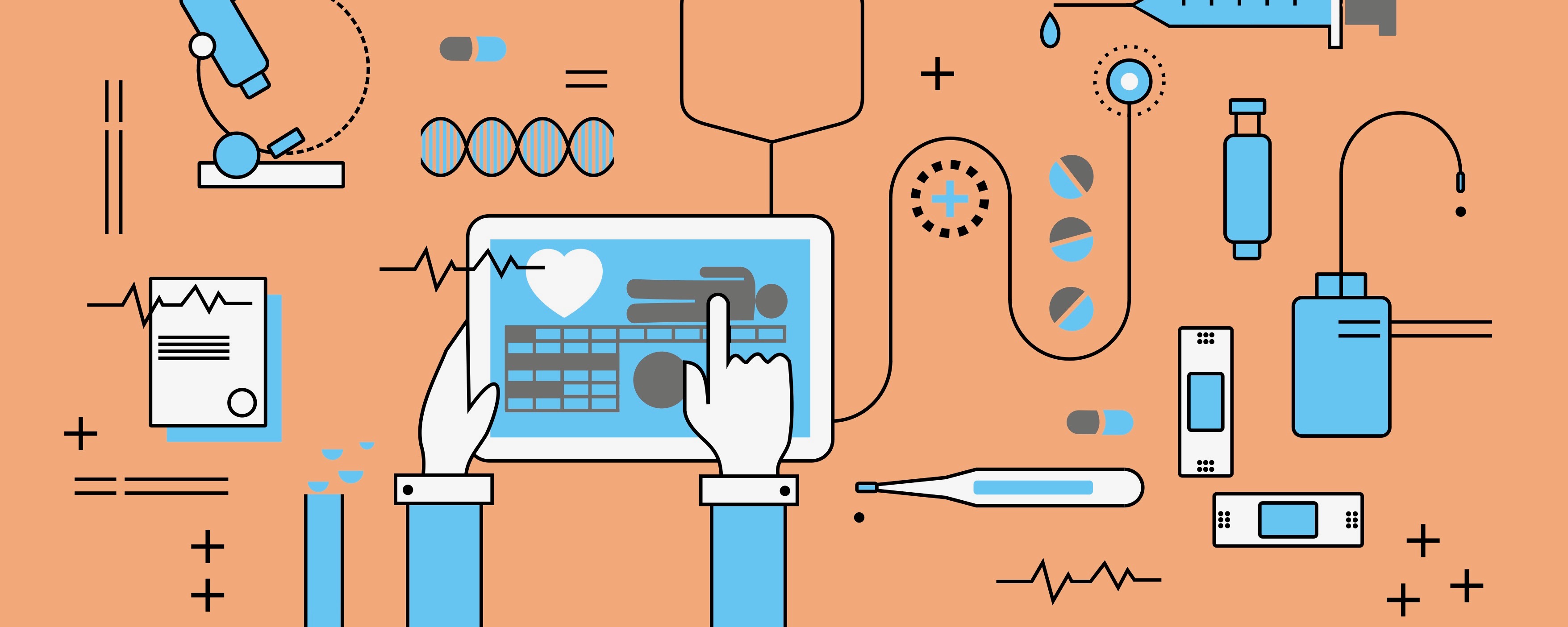 An illustration of futuristic healthcare technology depicting a handheld tablet, various biological instruments, waveforms, and medications.